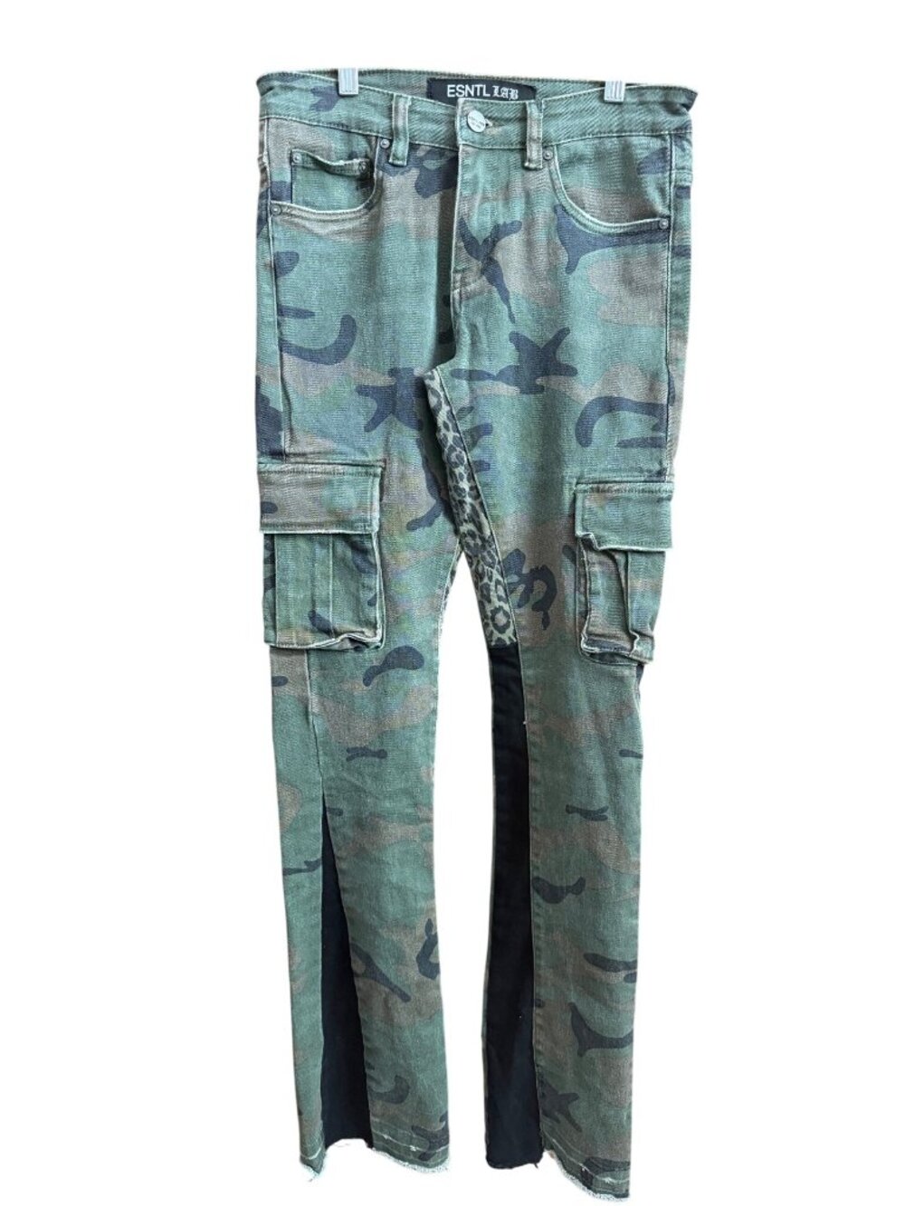 ESNTL LAB Camouflage Cargo Pants With Leopard Print Trim Multi-Pocket Design